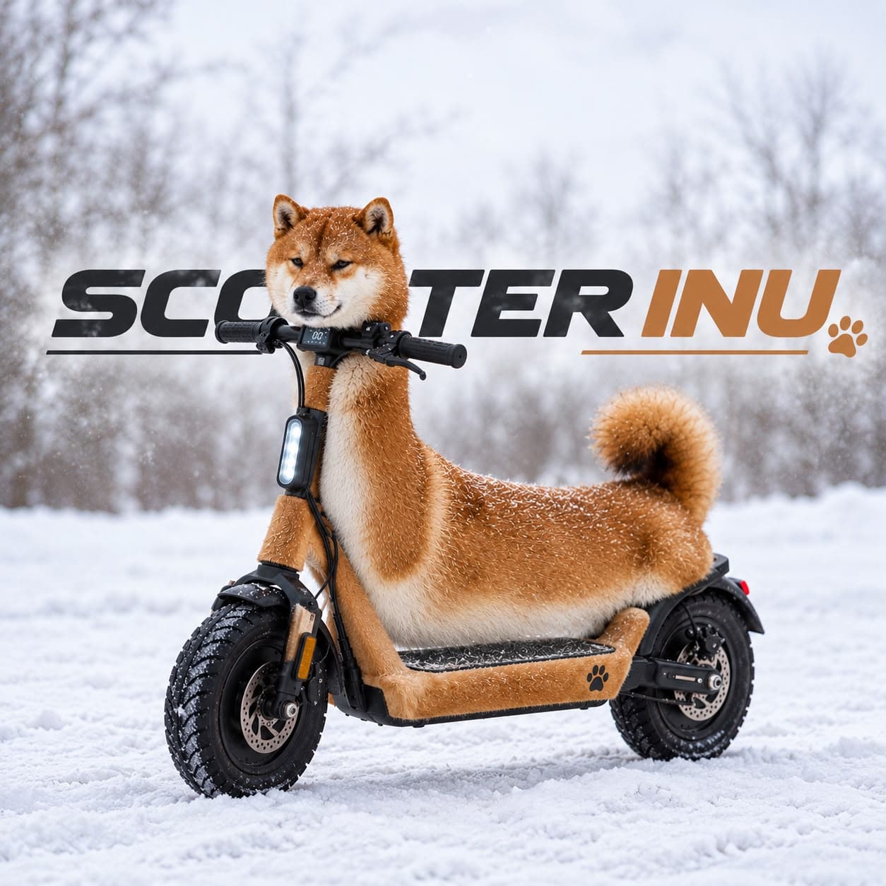 Scooter Inu: a Shiba Inu fused with an off-road electric scooter, standing in fresh snow